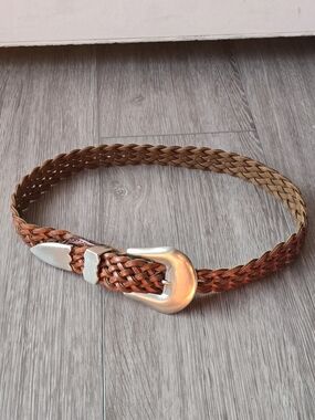Vintage Another Line Inc Braided Leather Belt Silver Buckle USA Boho Western